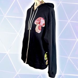 Upcycled h&m zip front hoodie, size x large with mushroom appliques, unisex